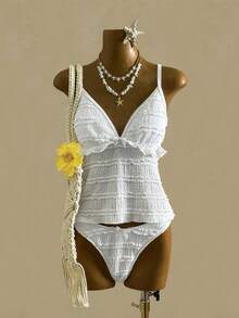 Swim Mod New Elegant Cute Bow Adjustable Strap Ruffle Hem Women's White Party Top And Bow High Cut White Women's Camisole Bikini Top