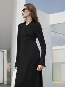 Uhlyne Damen minimalistische Urlaubs- und Bürokleidung mit Kragen, schräger Knopfleiste, langen Glockenärmeln, Twist-Taille und ausgestelltem Saum, schwarzes Strickkleid in Midi-Länge, geeignet für Schulanfang und ins Büro