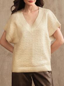 Anewsta 女士时尚纯色V领插肩袖纹理宽松针织毛衣上衣 - 金色 - 查看 7