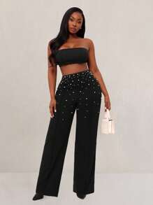 SHEIN SXY Plus Size Women's Fall & Winter,Spring&Summer Elegant Hand-Sewn Artificial Pearls Straight Leg Suit Pants,Suitable For Office Pearl Pants Plus Size Pearl Pants Pearl Embellished Pants Black Pants With Pearls Women Dress Pants With Pearls