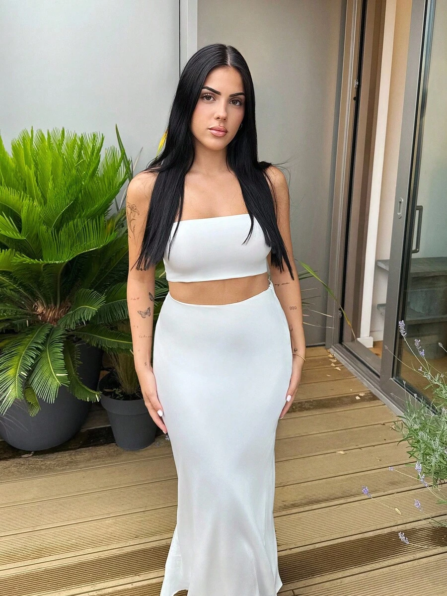 Lucia Bellido 商务休闲女士秋季女装秋冬优雅纯色编织高腰鱼尾下摆裙子 - 白色 - 查看 1