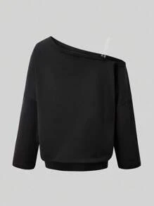 Sparklyn 1pc Teen Girl Casual Oblique Collar Long Sleeve Sweatshirt, Autumn Fall Winter - Black - View 5