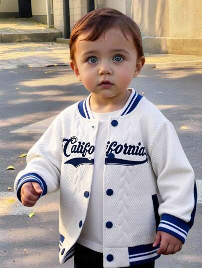 1 Pc Kids' Blue & White Knit Textured Jacquard Quilted Bomber Jacket, Comfortable Basic Casual Sportswear With Letter Embroidery, Suitable For Daily Wear, Sports And Outdoor Activities Varsity Jacket Kids Kids Baseball Jacket California Jacket,In Fall/Winter