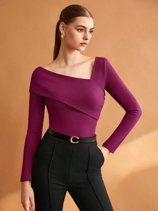 BizChic Blusa rojo ciruela con diseño asimétrico de hombro, elegante y versátil para oficina, casual, fiesta, boda, Halloween, Navidad, adecuada para urbano, negocios, campo, festival de música