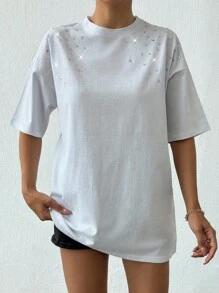 EURMUSE 100%Cotton Women's White T-Shirt With Rhinestones Detail - White - View 6