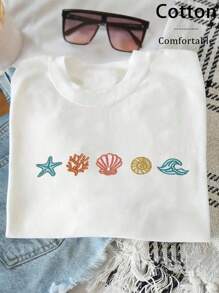 INAWLY 女士休闲海星与贝壳刺绣圆领短袖T恤，夏季 - 白色 - 查看 3
