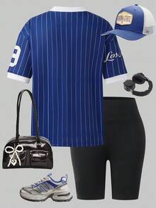 SHEIN Conjunto de camiseta de manga corta con estampado de letras y rayas de baloncesto y shorts de ciclista de estilo casual y urbano para adolescentes
