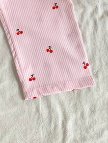 SHEIN Genkimix Kids Young Girl' Navy Blue Ribbed Cherry Print Long Sleeve Top & Ribbed Pants Pajama Set Fall Winter - Multicolor - View 5