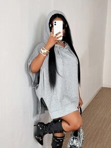 Maweii 大码女式纯色蝙蝠袖宽松休闲抽绳卫衣 - 灰色 - 查看 5