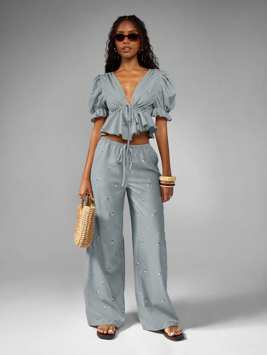 MISSGUIDED Puff Sleeve Embroidered Linen Feel Two Piece Coord Set Summer Cottagecore Style Spring Ruffle Trim Wide Leg High Waist Pants Beach Vacation Boho Resort Wear Collection - Blue - View 1