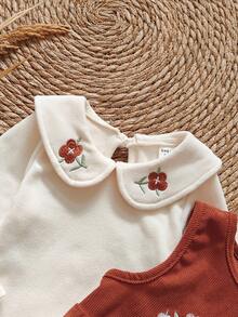 SHEIN Set di body e top a maniche lunghe da bambina con ricamo floreale sul colletto e corpetto, abbigliamento da bambino autunno/inverno con ricami floreali - Arancione - Visualizzare 7