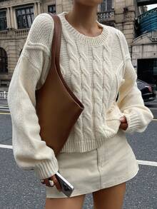 DAZY French Crew Neck Fluffy Rolled Cuff Cable Knit Solid Color Soft & Cozy Loose Pullover Sweater, Autumn/Winter - Apricot - View 1