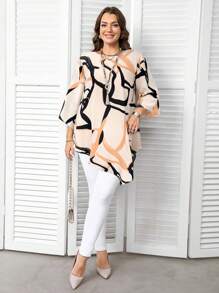 EMERY ROSE Plus Size Round Neck Long Sleeve Allover Print Fashionable Shirt,Fall Clothes - Multicolor - View 3