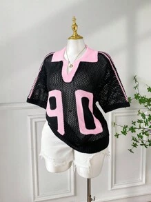 Comfortcana 大码女式休闲撞色领镂空针织上衣