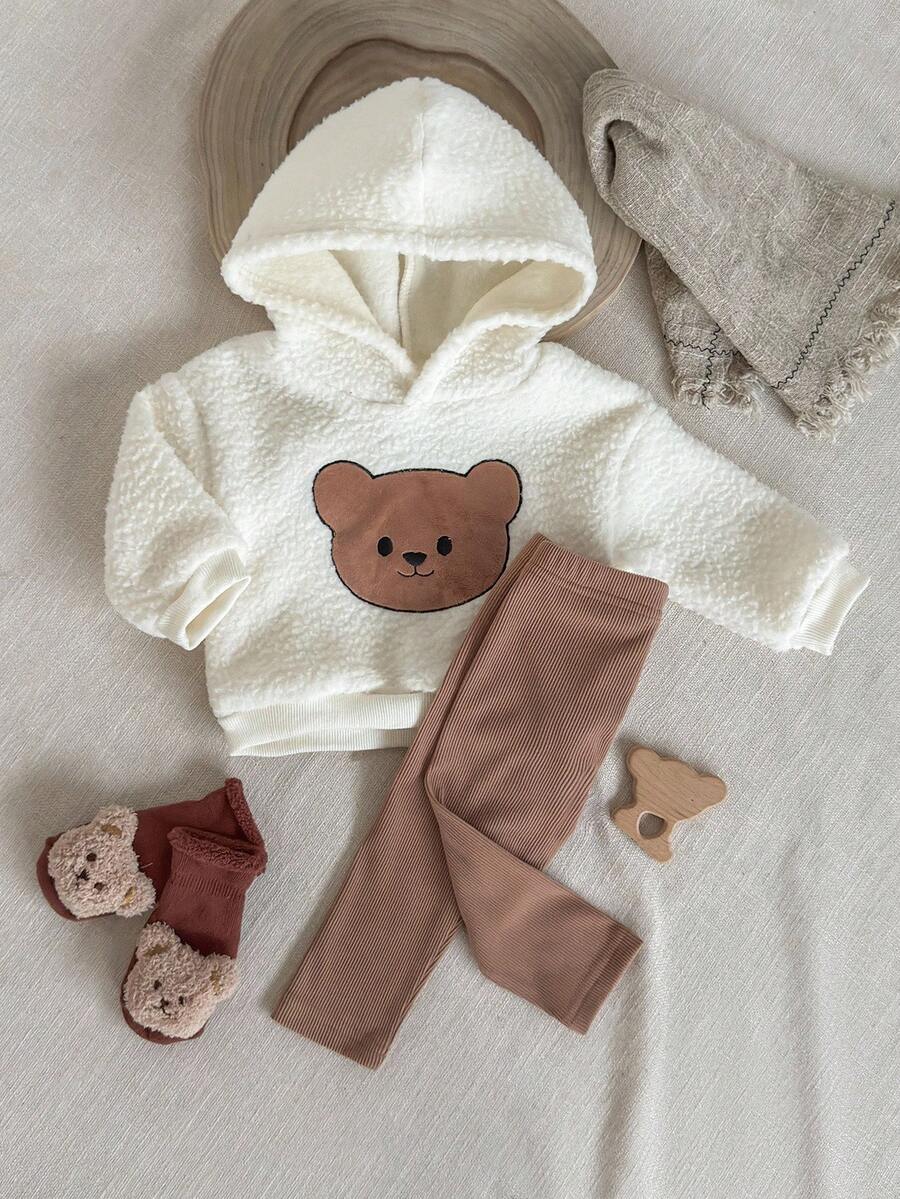 SHEIN 婴幼儿男童秋季可爱小熊刺绣羊毛连帽夹克上衣和罗纹长裤套装 - 白色 - 查看 1