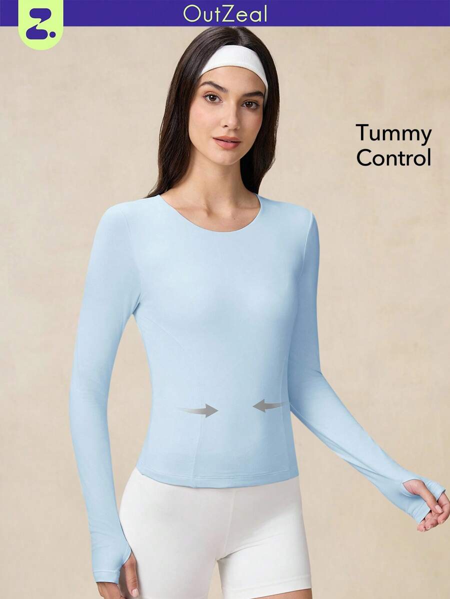 OutZeal 女式收腹速干圆领修身长袖紧身T恤徒步旅行健身健身房