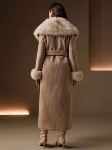 Anewsta 蓬松仿毛领中长款羊毛外套，秋冬 - 卡其色 - 查看 3
