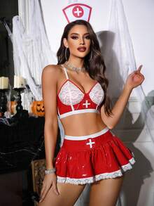 Fantasy Costume Bộ trang phục y tá gợi cảm 3 món - Vải PU & ren chắp vá, viền xếp nếp, thiết kế trong suốt, váy nhiều lớp + đồ lót + mũ đội đầu, dành cho Halloween - Đỏ và trắng - Xem 3