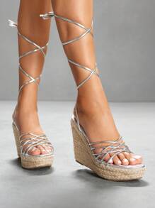 CUCCOO SZL Giày sandal đế xuồng phối dây buộc bằng dây đay màu bạc thời trang dành cho nữ, thích hợp để đi làm, hẹn hò, tiệc tùng, ngày lễ, nghỉ dưỡng - Bạc - Xem 7