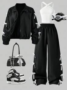 Sparklyn 3 件套青少年女孩服装：带蝴蝶结装饰的黑色拉链夹克、白色交叉肩带背心、蝴蝶结装饰阔腿裤，适合外出、度假、派对、返校 - 黑與白 - 查看 8