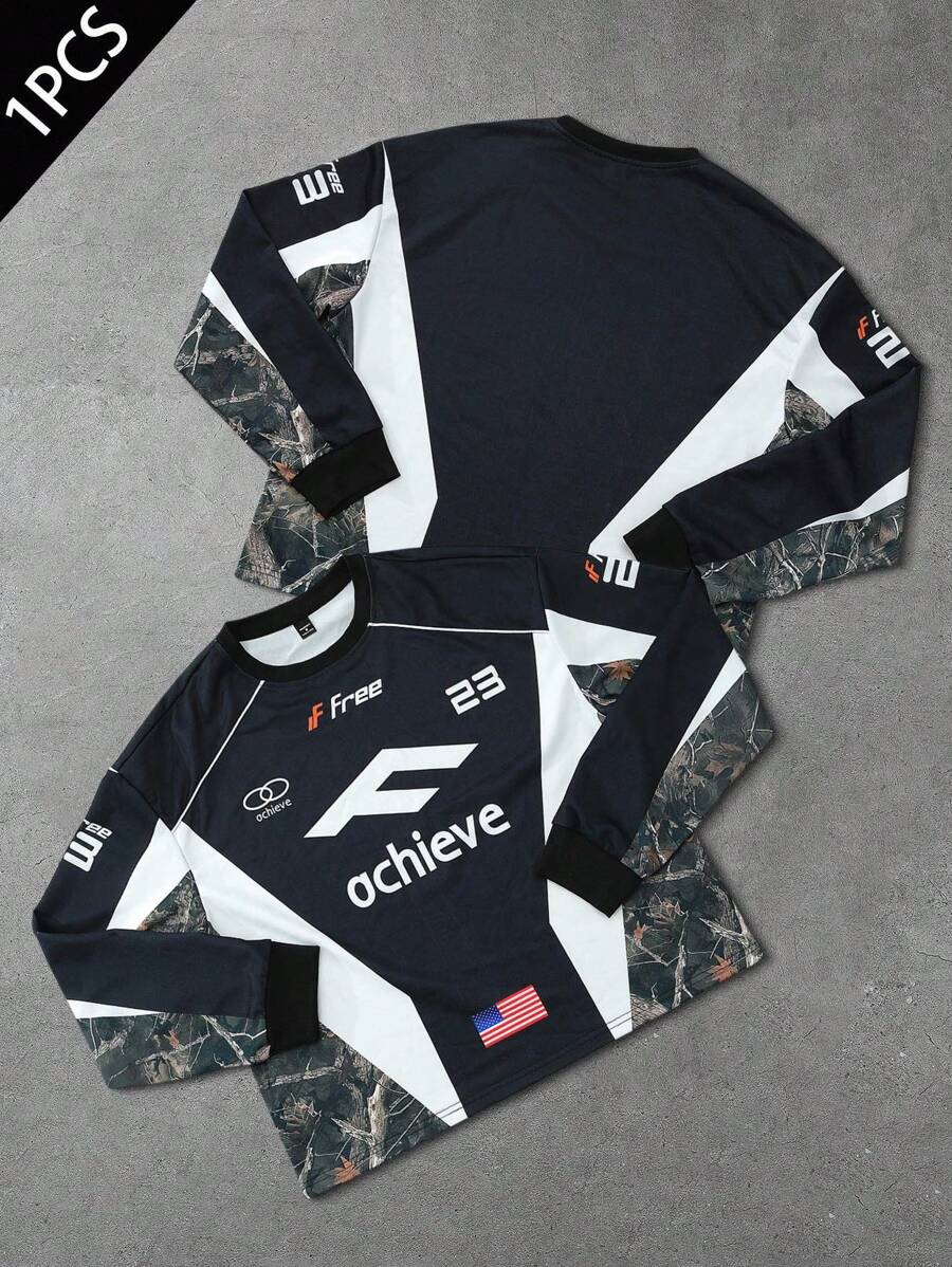 PAVTROS Manfinity Streetrush 男士宽松套头卫衣，迷彩赛车图案，撞色设计，短款卫衣，休闲日常穿着，秋冬季节，绝佳礼物之选，长袖赛车服上衣 - 彩色 - 查看 1