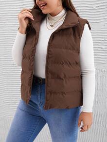 SHEIN LUNE Veste décontractée sans manches de couleur unie, grande taille, automne/hiver - Marron fonçé - Voir 4