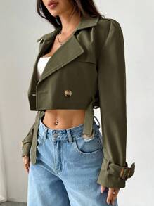 SHEIN EZwear 女款缺口領鈕扣前襟長袖短款風衣，適合秋冬日常休閒穿著，軍綠色 - 軍綠色 - 查看 3