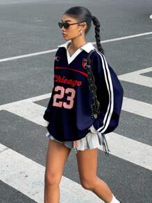 Muchica 女士休闲撞色 Polo 领长袖宽松 T 恤，适合秋冬季节、运动赛事，皇家蓝，适合球赛、篮球赛，23 号，秋季上衣，Y2k 超大款球衣，Y2k 球衣，韩版时尚女式球衣