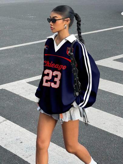  Muchica 女士休闲撞色 Polo 领长袖宽松 T 恤，适合秋冬季节、运动赛事，皇家蓝，适合球赛、篮球赛，23 号，秋季上衣，Y2k 超大款球衣，Y2k 球衣，韩版时尚女式球衣