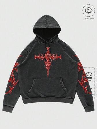 Goth sweat-shirt à capuche imprimé épines lavé rouge pour homme
