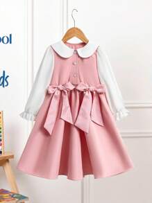SHEIN Young Girls' Cute & Sweet Peter Pan Collar Bow Dress Fall Winter - Pink - View 6