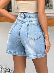 EURMUSE 100%Cotton HIGH WAIST PENS DETAILED STRAIGHT CUT SHORT - Medium Wash - View 2