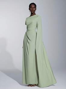 Elitara Elegant Asymmetric Sleeve Ruffle Hem Long Sleeve Dress, Suitable For Wedding, Party, Date, Formal Bridesmaid Event