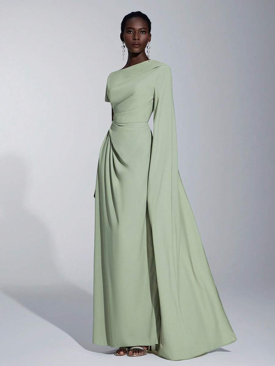 Elitara Elegant Asymmetric Sleeve Ruffle Hem Long Sleeve Dress, Suitable For Wedding, Party, Date, Formal Bridesmaid Event