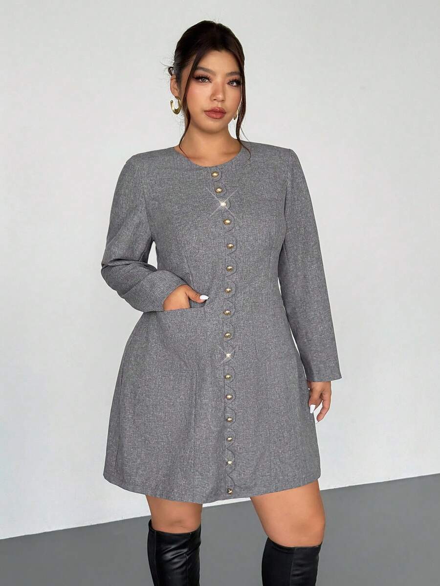 Firerie Plus Size Women's Elegant Formal Grey Blazer Dress,Gold Button Decor Floral Print Cuffed Tweed Suit Skirt With Pockets,Autumn Work Commute Dress - Grey - View 1