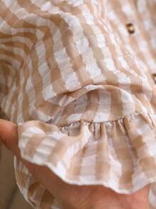 SHEIN CURVE+ 大码休闲办公室格子灯笼袖衬衫，女士秋季服装 - 卡其色 - 查看 6