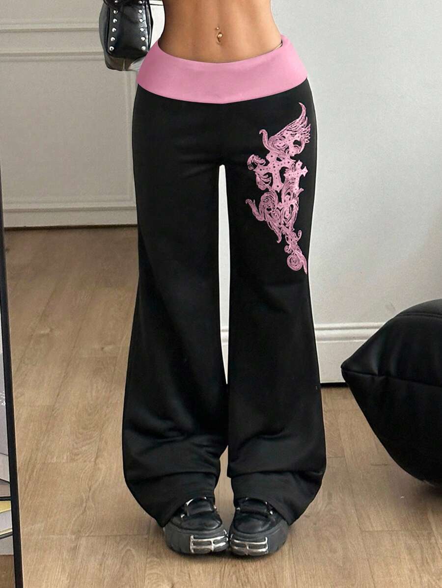 Coolane Pantaloni dritti neri con grafica vintage, stile Y2K e grunge, adatti per festival estivi, fiere rinascimentali e streetwear, con vita a costine - nero - Visualizzare 1