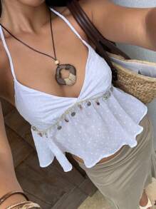 Sunnyshic Top tipo tank sin espalda con cuello, lazo y flecos, con flequillo y lazada, para vacaciones casuales de verano para mujer - Blanco - Ver 5