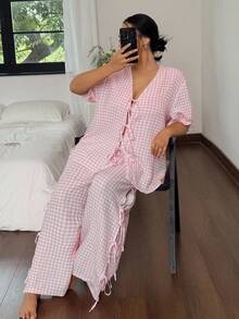 SHEIN Dream Adore Plaid Print Tie-Up Plus Size Women Summer Pajama Set, Outfits - Pink - View 6