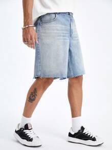 Chillumni 男士百慕大拼布磨边休闲宽松牛仔短裤外出纯色牛仔短裤宽松浅蓝色牛仔短裤，适合丈夫、男朋友的礼物