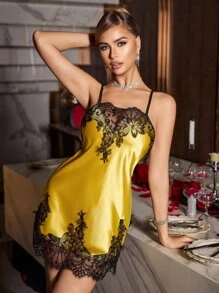 SilkySpell Yellow Satin Slip Dress With Lace Trim And Spaghetti Straps For Sleepwear - Yellow - View 5