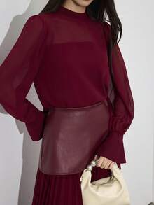 Heiryn Women's Elegant Commuter Shirt & Pleated Skirt 2 Pieces Set - Burgundy - View 6