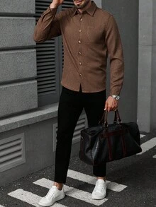 Manfinity CasualCool Men's Solid Color Regular Shoulder Long Sleeve Single-Breasted Casual Retro Fashion Shacket, Fall - Coffee Brown - View 5