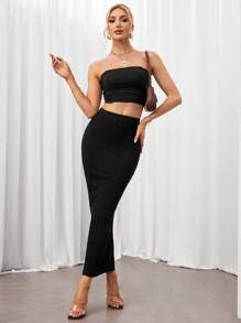 SHEIN Tall Solid Pencil Black Bodycon Skirt - Black - View 5
