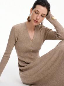 SHEIN LUNE 秋冬款 V 领羊毛金属扣中长连衣裙 - 摩卡棕 - 查看 6