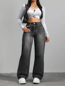 SHEIN ICON 大码女式宽松休闲复古牛仔阔腿裤，带口袋 - 黑色 - 查看 4