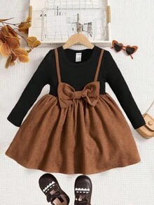 SHEIN Váy trang trí nơ lớn 2 trong 1 cho bé gái, thoải mái và ngọt ngào, tuyệt vời cho trang phục thường ngày và đi học hàng ngày vào mùa hè và mùa thu - Nhiều màu - Xem 5