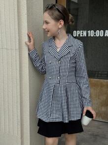 Tween Girl Houndstooth Jacquard Double-Breasted Pleated Blazer, Minimalist For Commuting, Fashionable Casual, Suitable For Daily Commute, Leisure, Back To School, Vacation In Autumn/Winter - Black and White - View 4