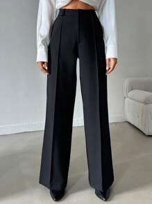 ZIRRA بنطلون نسائي أنيق واسع الساق مع طيات خصر عالي للاستخدام المهني أو اليومي - الأسود - مشاهدة 1