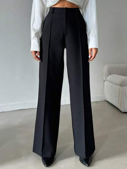 ZIRRA 女士优雅黑色阔腿裤，高腰设计，褶裥设计，适合职业或日常穿着。